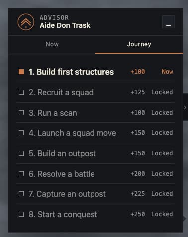 RealmConquest Advisor panel showing guided steps in an onboarding tutorial.