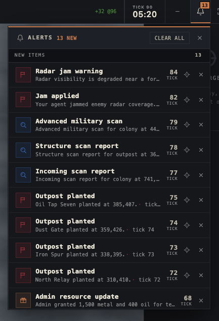 The RealmConquest live alerts drawer showing incoming radar warnings, scan reports, and outpost notifications.
