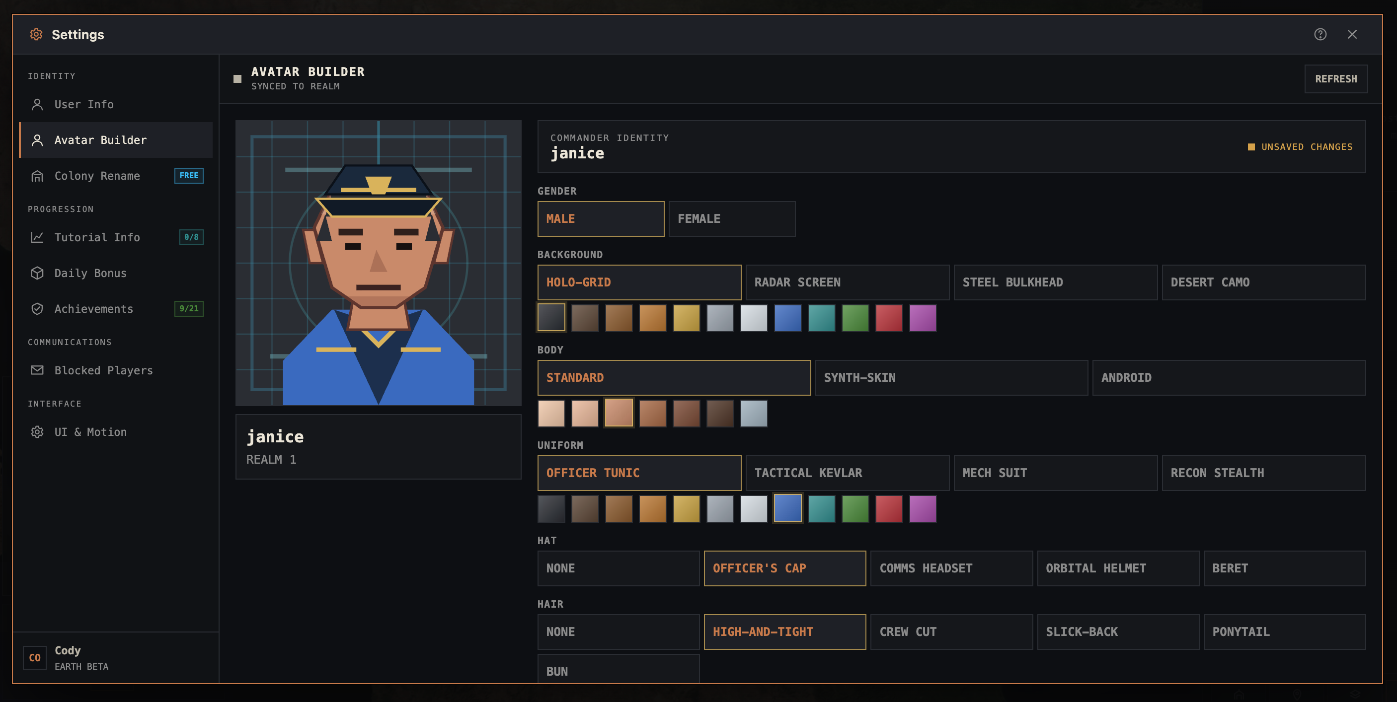 The RealmConquest commander avatar builder showing body, uniform, headgear, hair, face, and background options with color palettes.