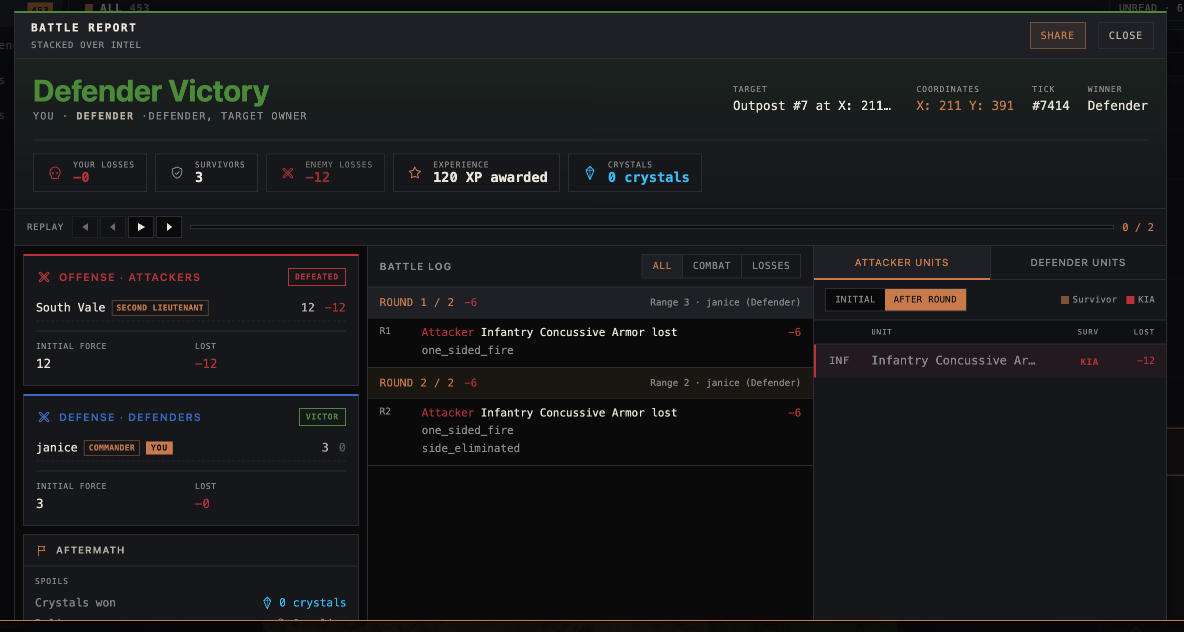 RealmConquest redesigned battle report showing the battle summary, combat flow, and result breakdown.