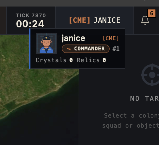 RealmConquest top-bar commander hover card showing avatar, rank badge, ladder position, alliance, and crystal and relic counts.